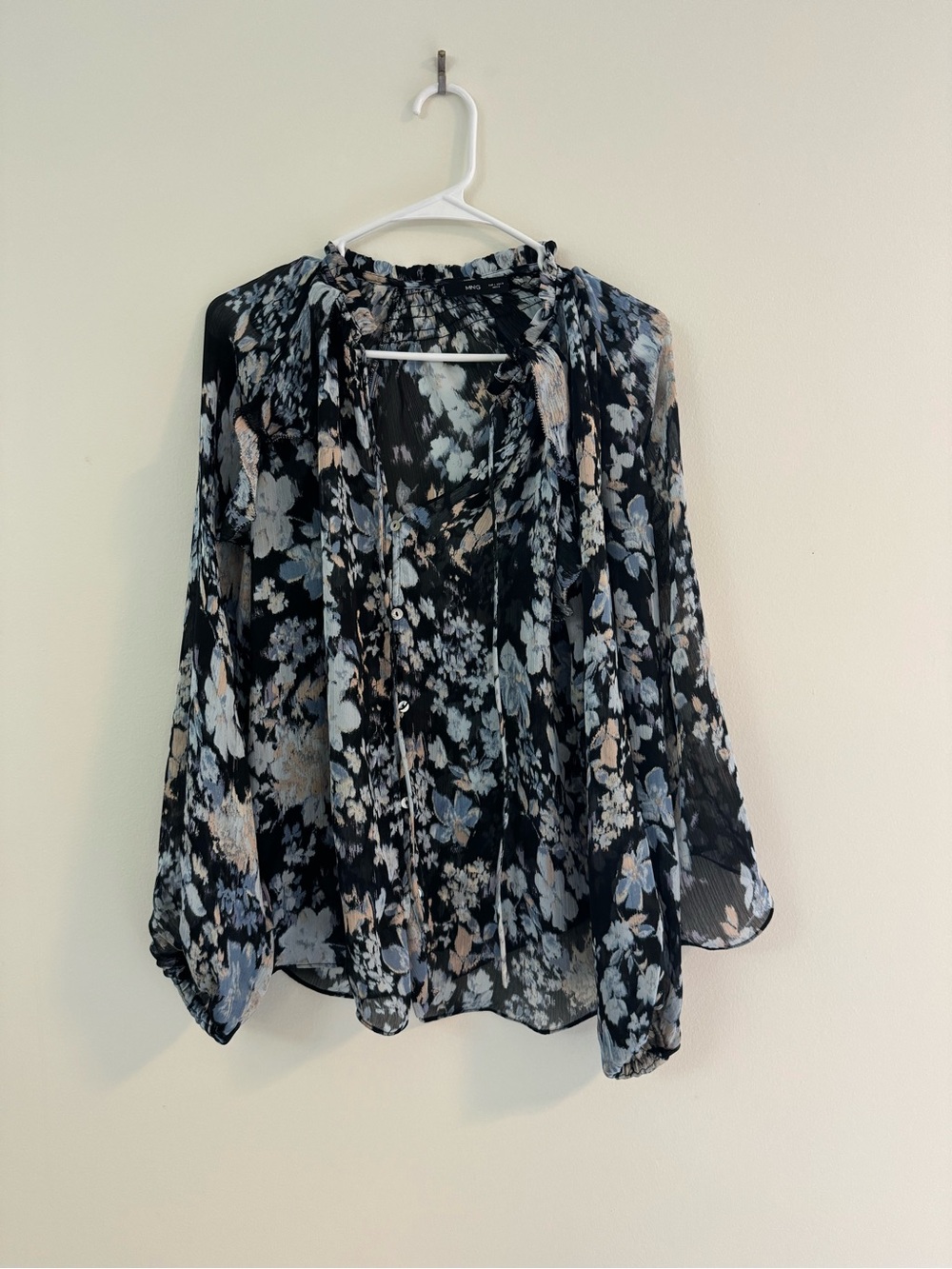 Mango Black Floral Tie-Neck Blouse with Blue and Cream Accents